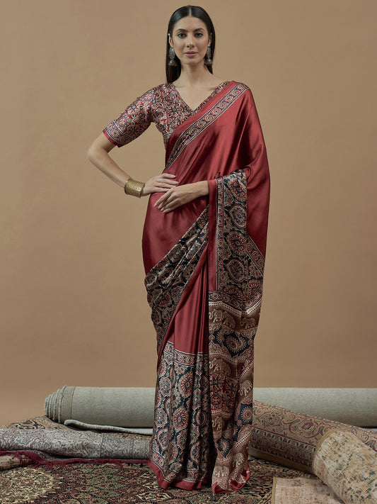 Maroon Maroon Block Print Crepe Printed Saree