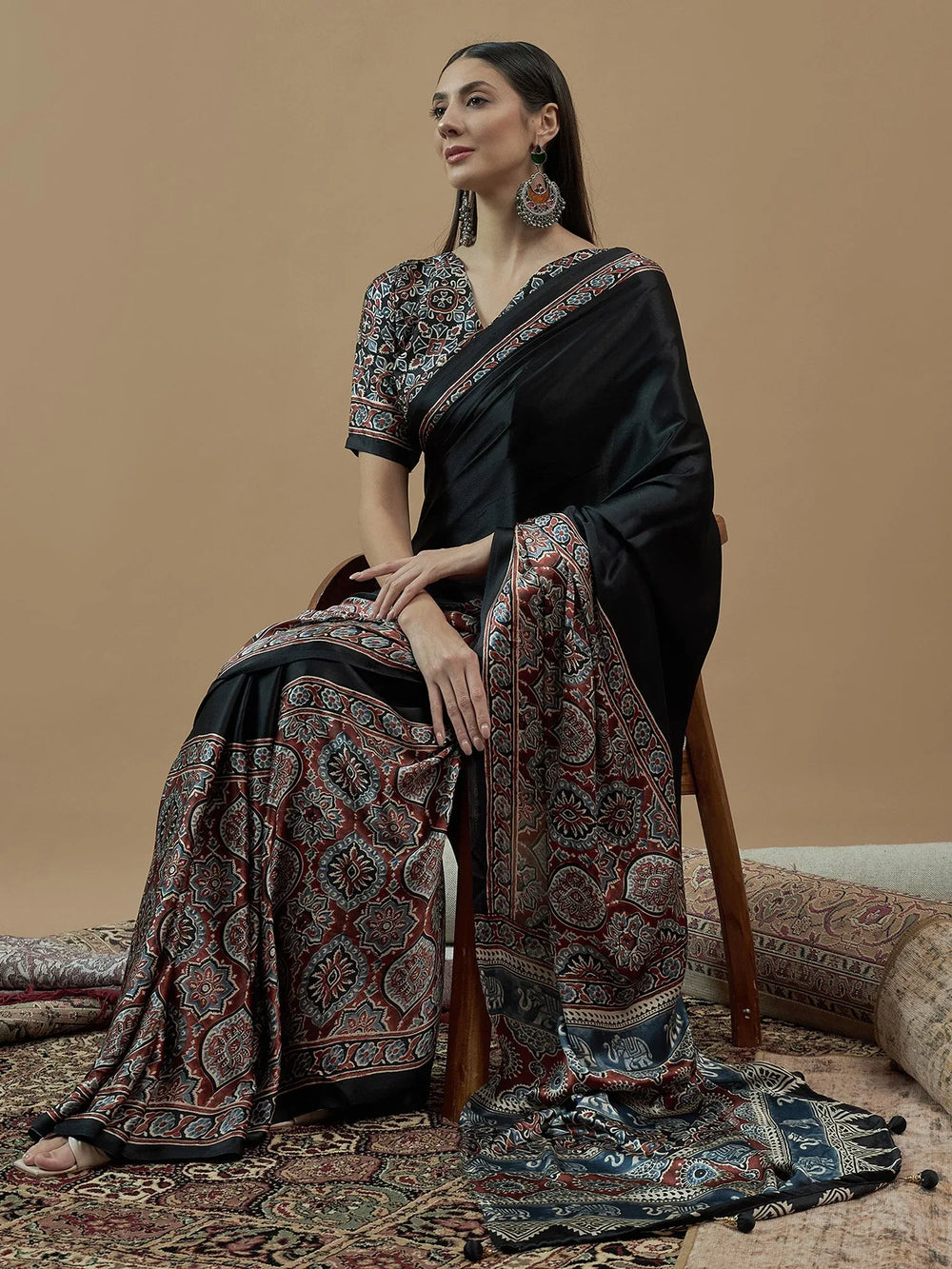 Black Block Print Crepe Printed Saree - The Dori Store
