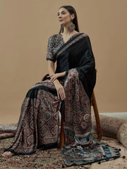 Black Block Print Crepe Printed Saree - The Dori Store