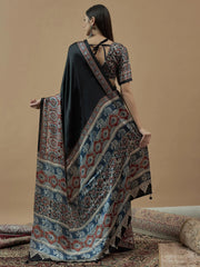Black Block Print Crepe Printed Saree - The Dori Store