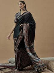 Black Block Print Crepe Printed Saree - The Dori Store