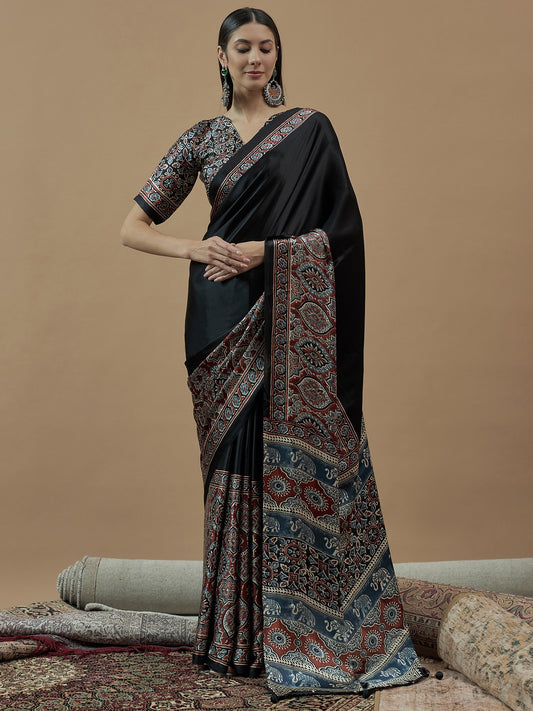 Black Black Block Print Crepe Printed Saree