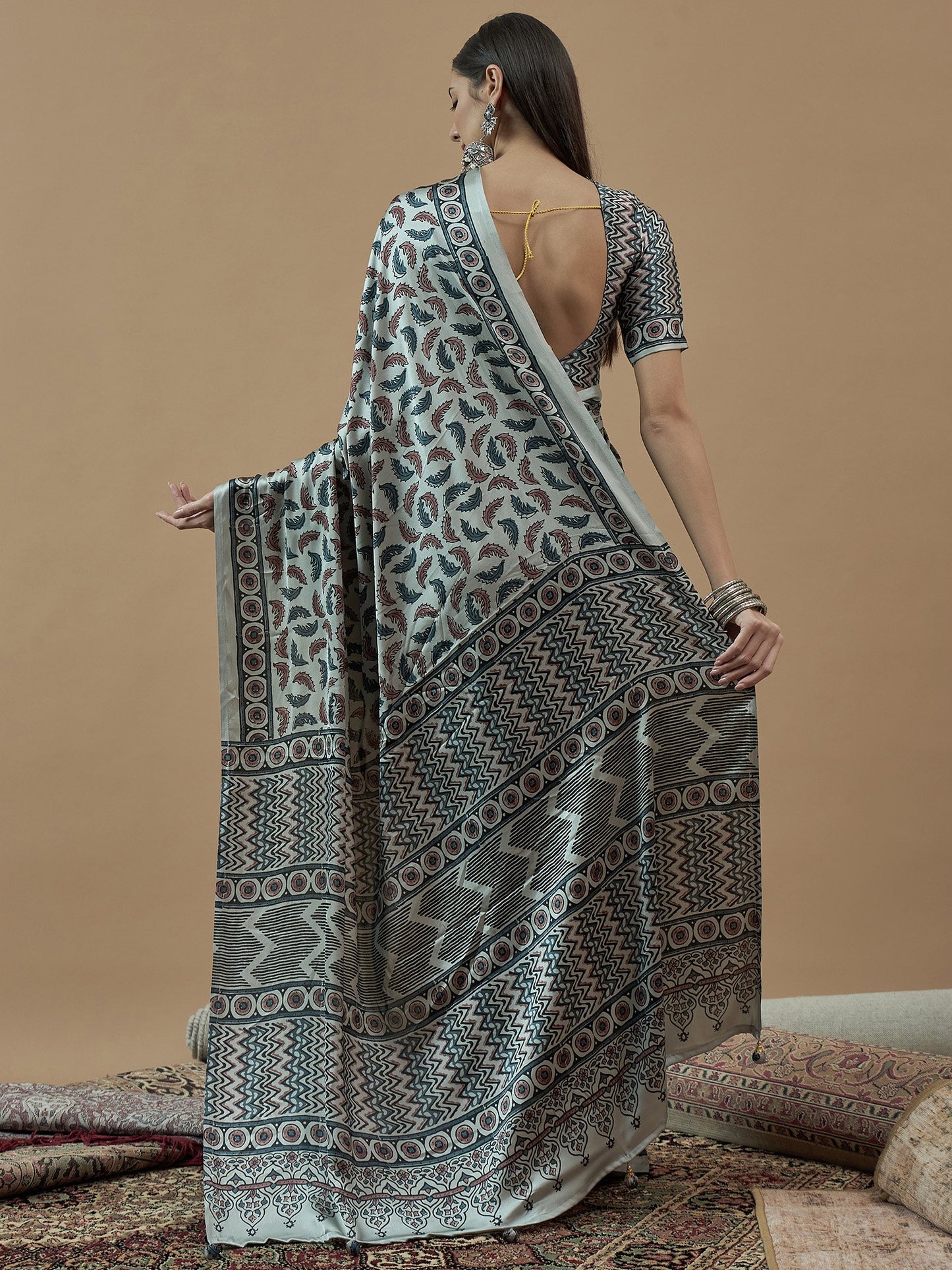 Grey Block Print Crepe Printed Saree