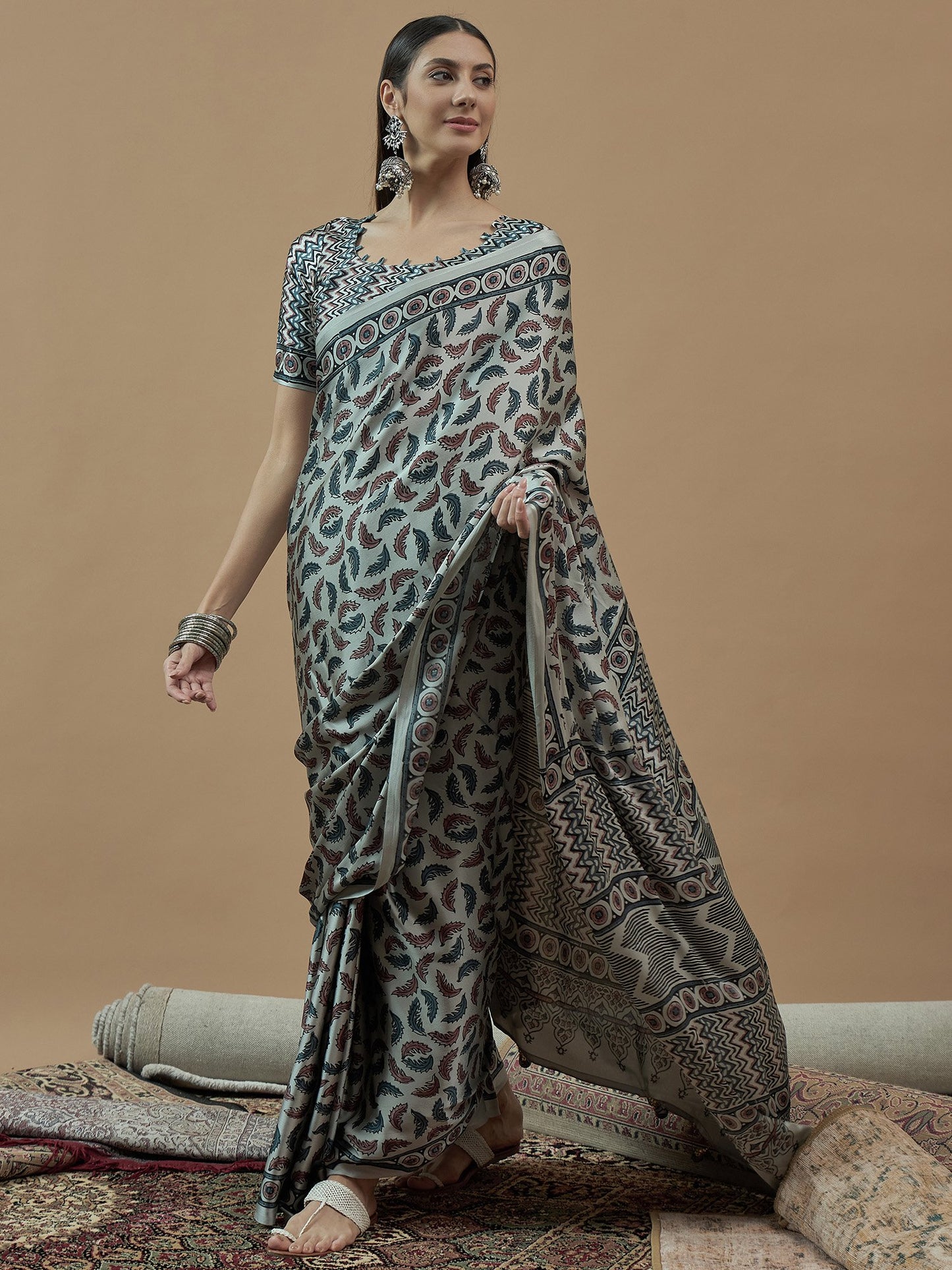 Grey Block Print Crepe Printed Saree