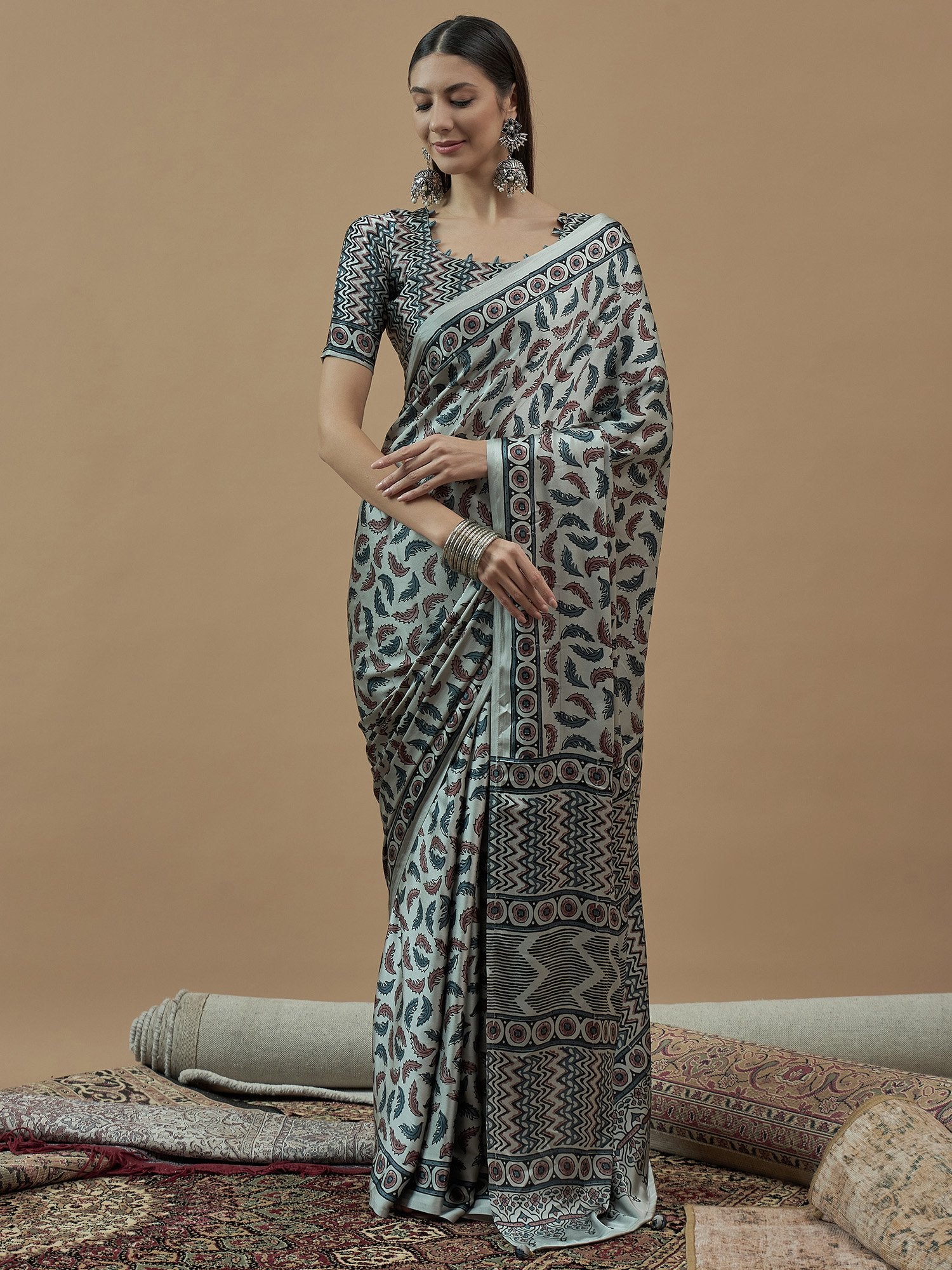 Grey Grey Block Print Crepe Printed Saree