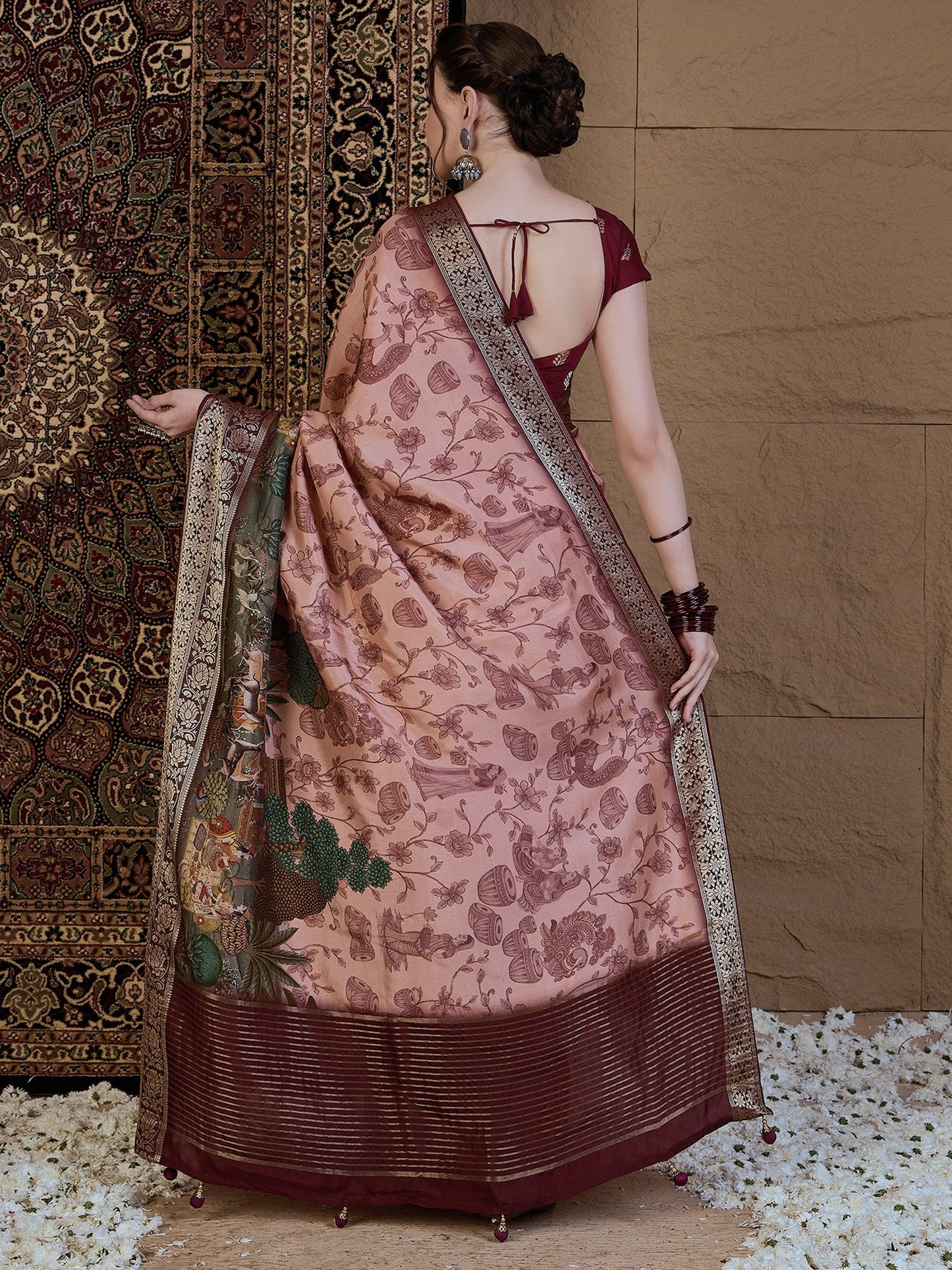 Peach Sungudi Viscose Silk Printed Saree