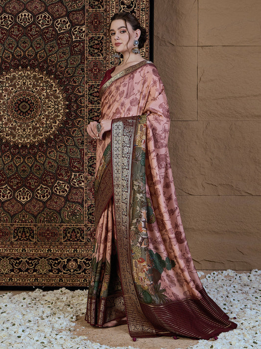 Pink Peach Sungudi Viscose Silk Printed Saree