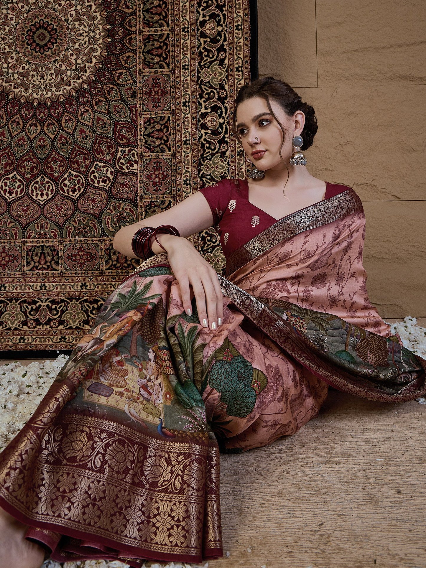 Peach Sungudi Viscose Silk Printed Saree