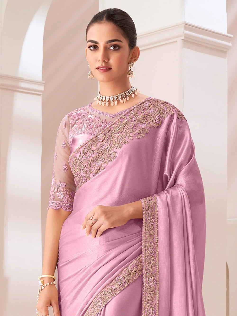 Mauve Party Wear Pure Chiffon Embellished Saree - The Dori Store