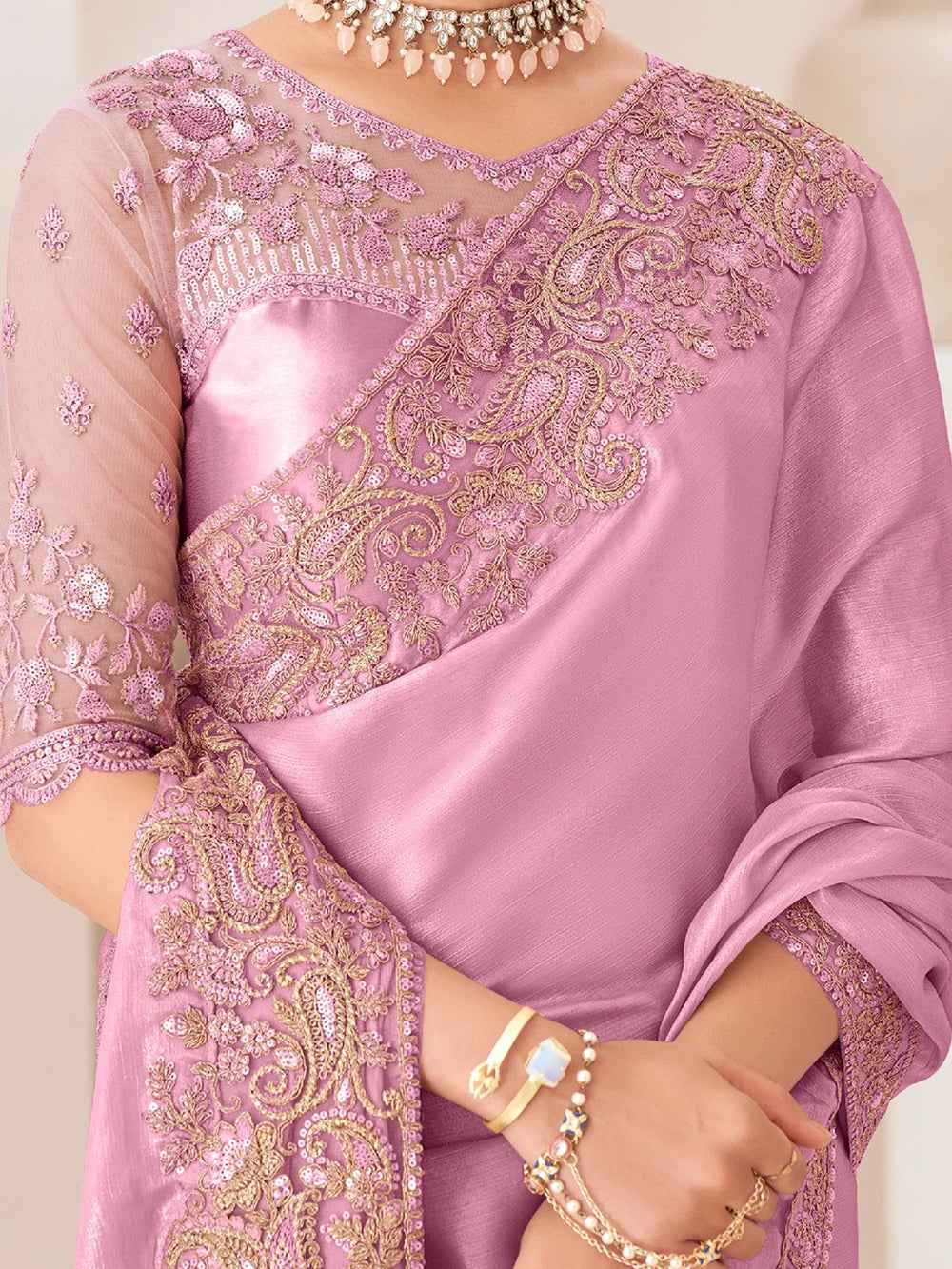 Mauve Party Wear Pure Chiffon Embellished Saree - The Dori Store