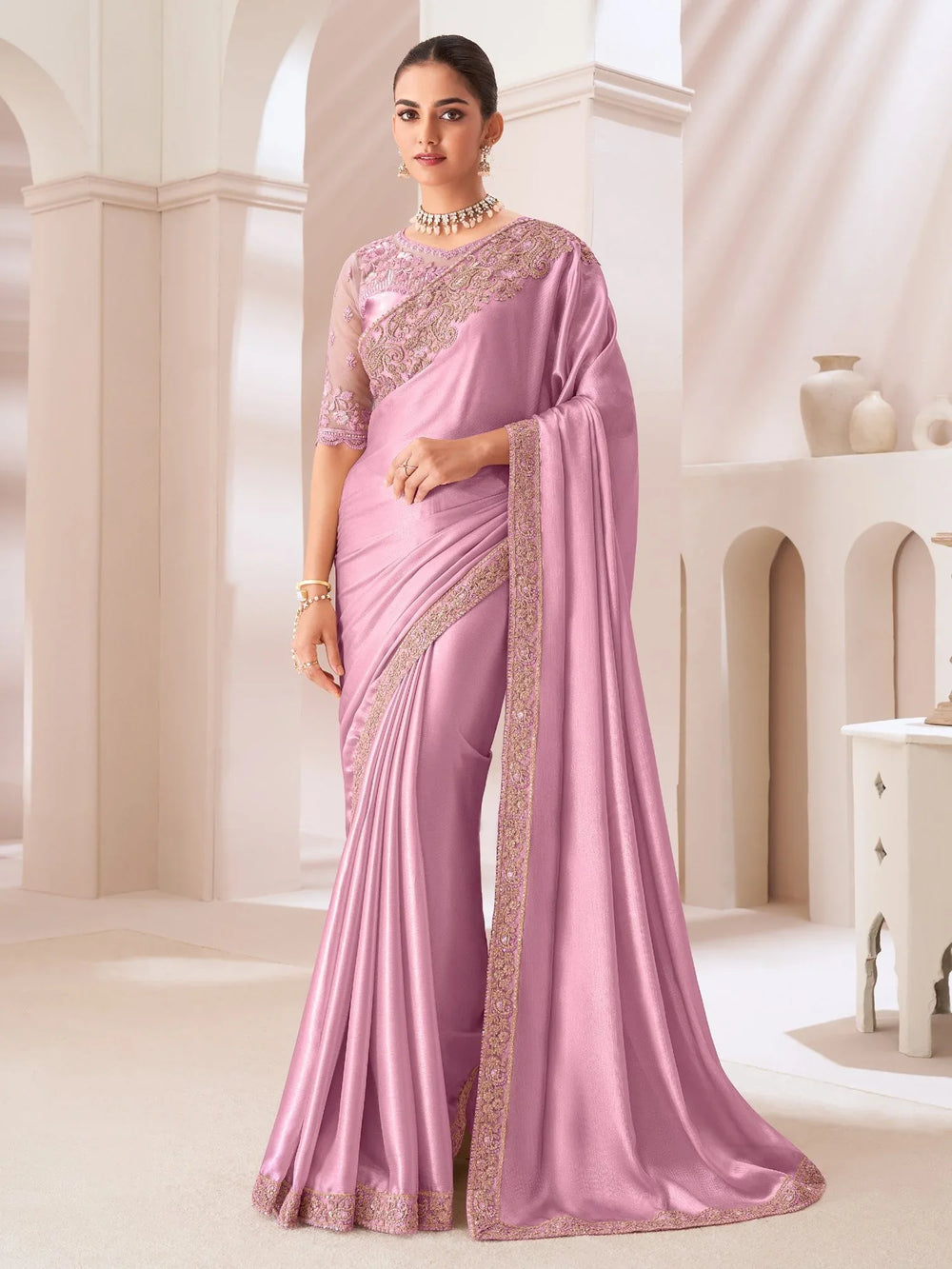 Mauve Party Wear Pure Chiffon Embellished Saree - The Dori Store