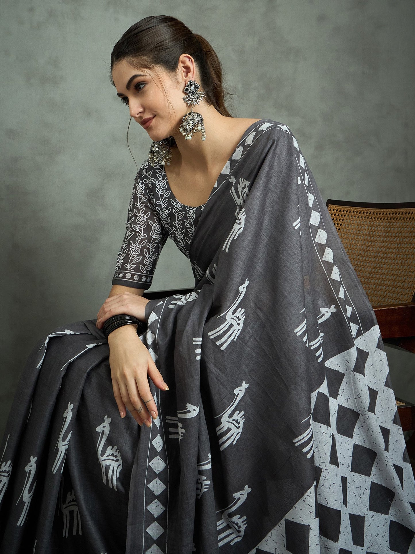 Grey Bagh Cotton Printed Saree
