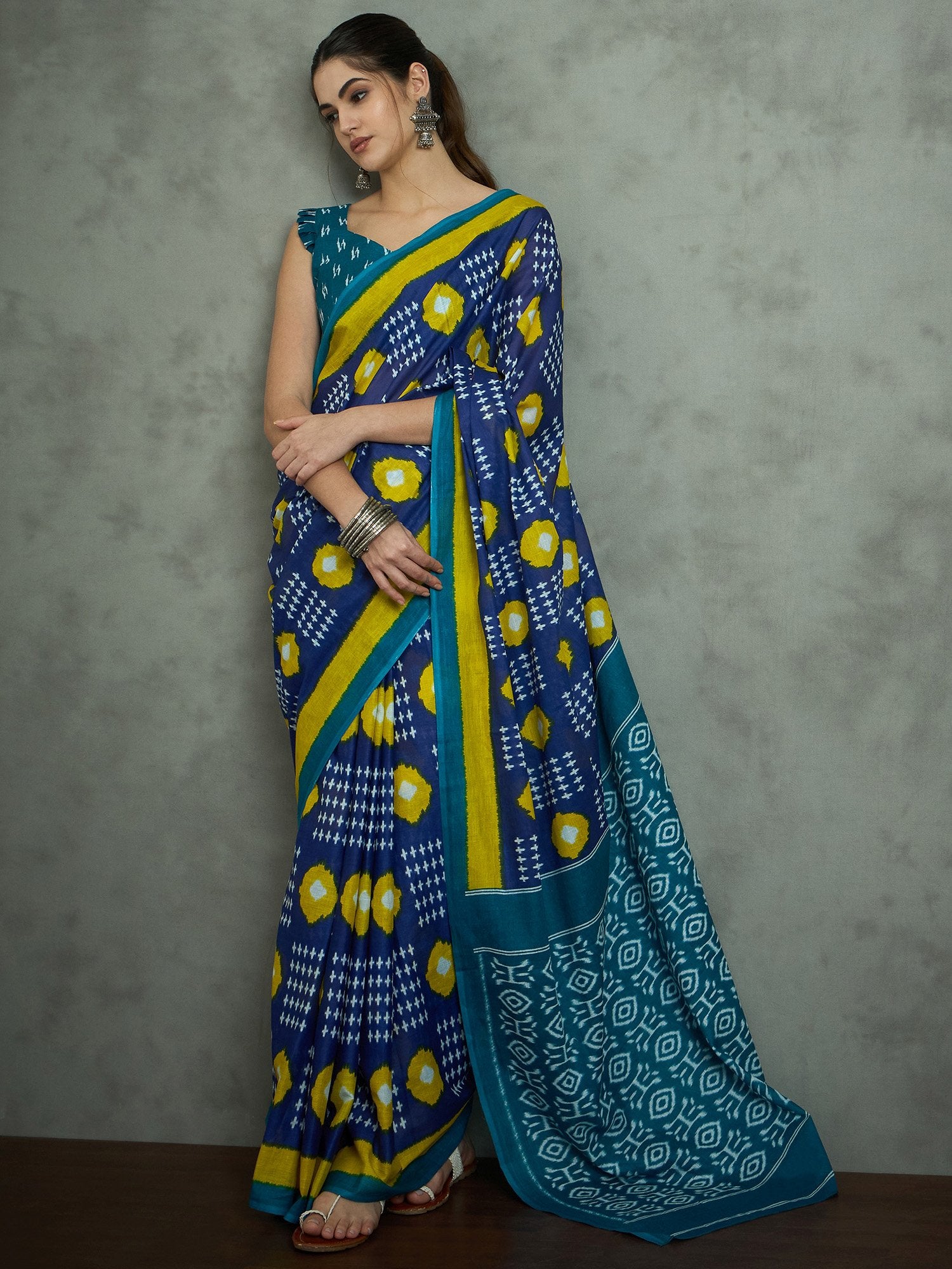 Blue Navy Ikat Cotton Printed Saree