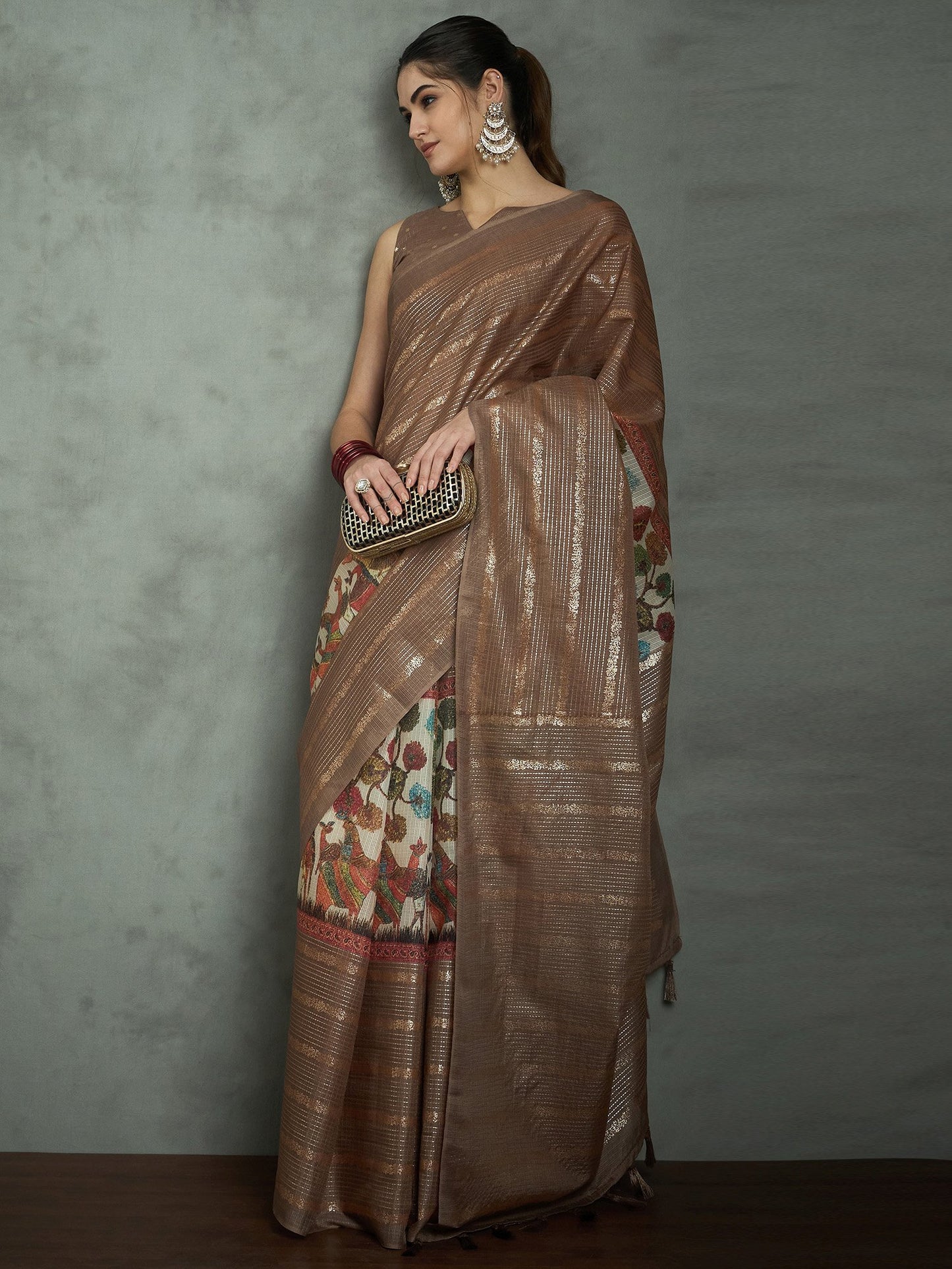 Brown Block Print Kota Doria Cotton Printed Saree