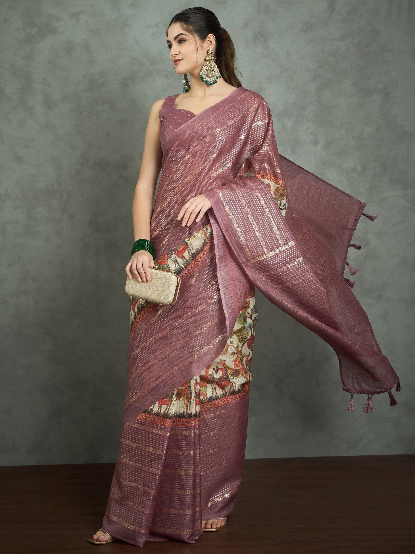 Mauve Block Print Kota Doria Cotton Printed Saree