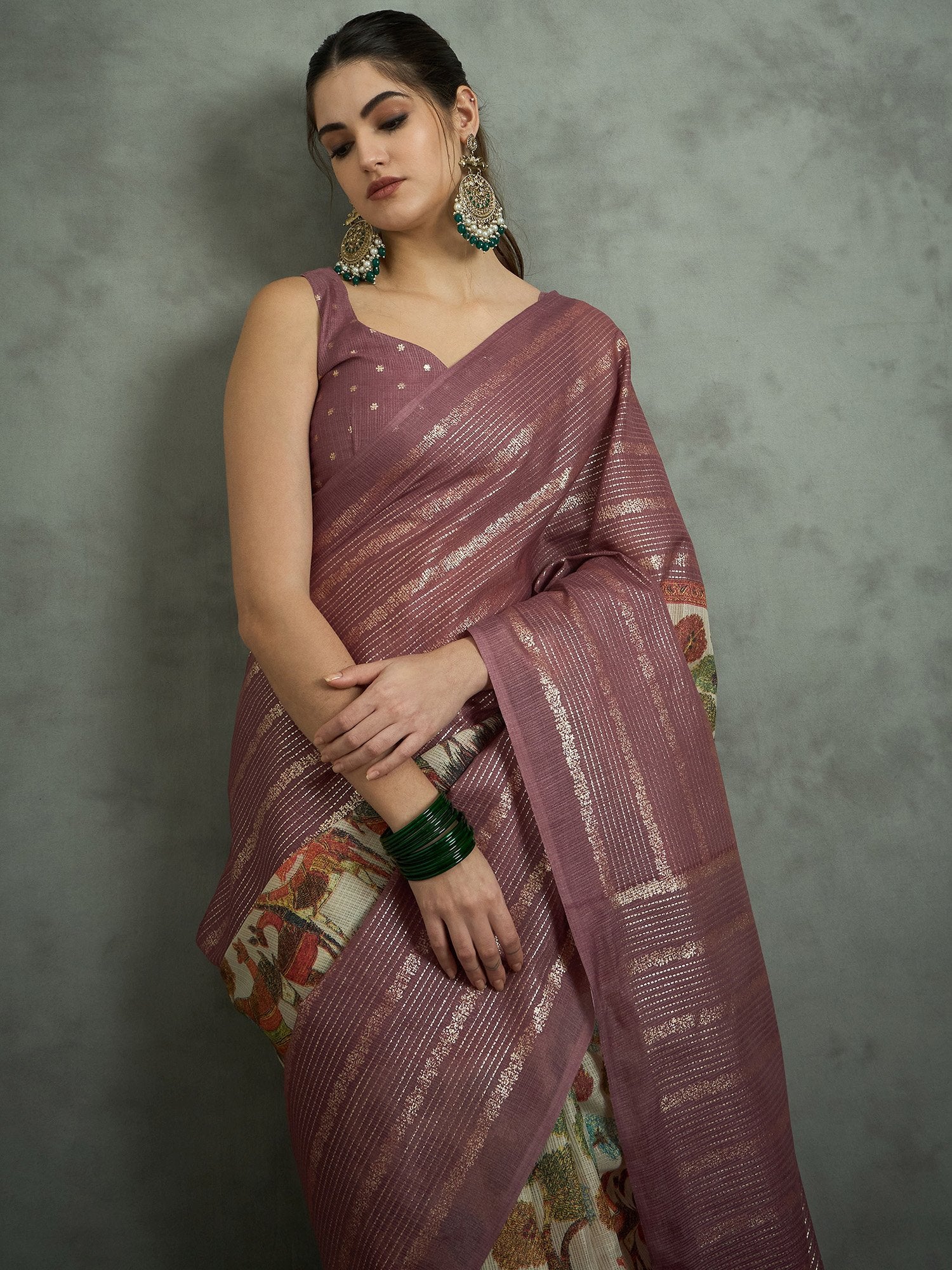 Pink Mauve Block Print Kota Doria Cotton Printed Saree