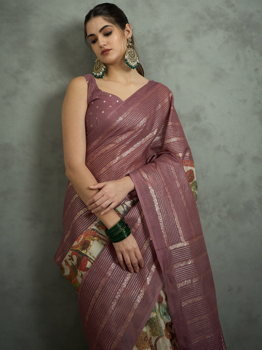 Pink Mauve Block Print Kota Doria Cotton Printed Saree