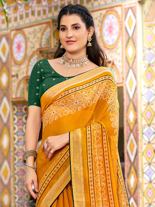 Yellow Yellow Bandhani Chiffon Printed Saree