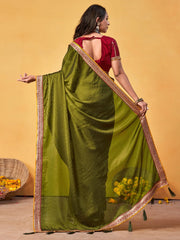 Olive Party Wear Georgette Embroidered Saree - The Dori Store