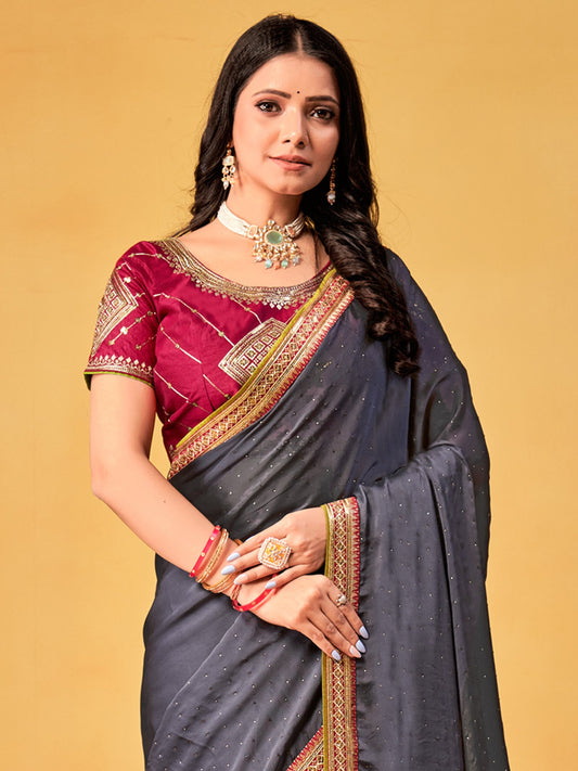 Grey Grey Party Wear Georgette Embroidered Saree