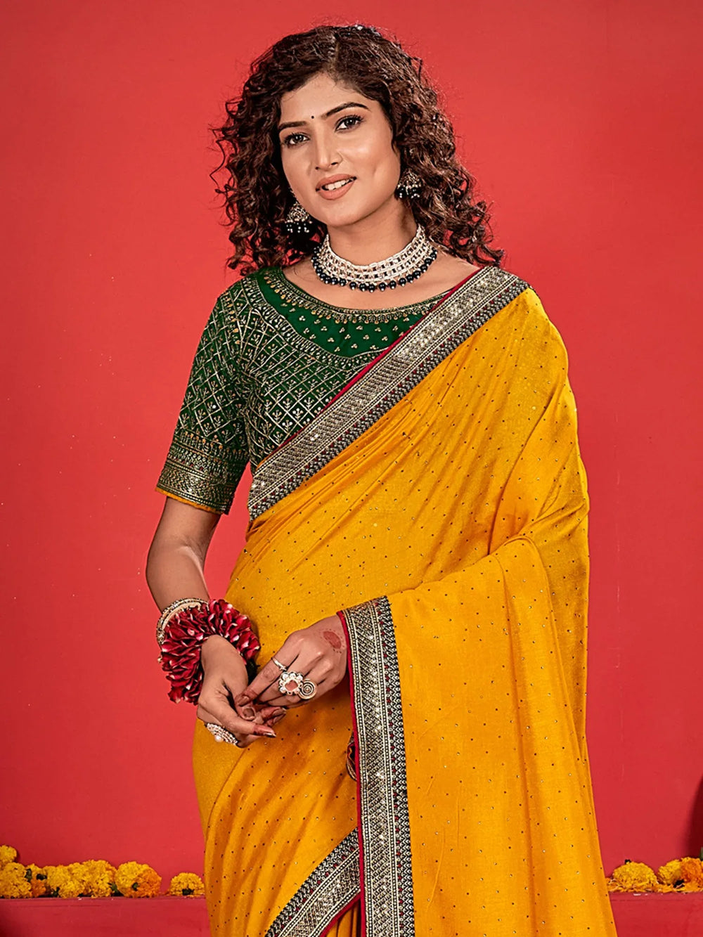 Yellow Party Wear Vichitra Silk Embroidered Saree - The Dori Store