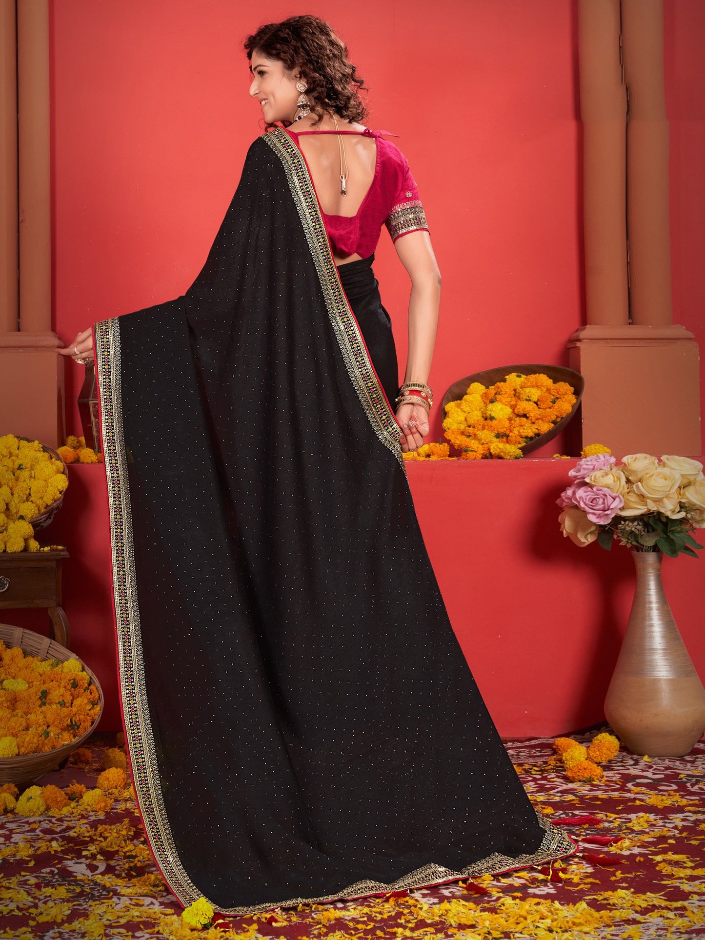 Black Party Wear Vichitra Silk Embroidered Saree