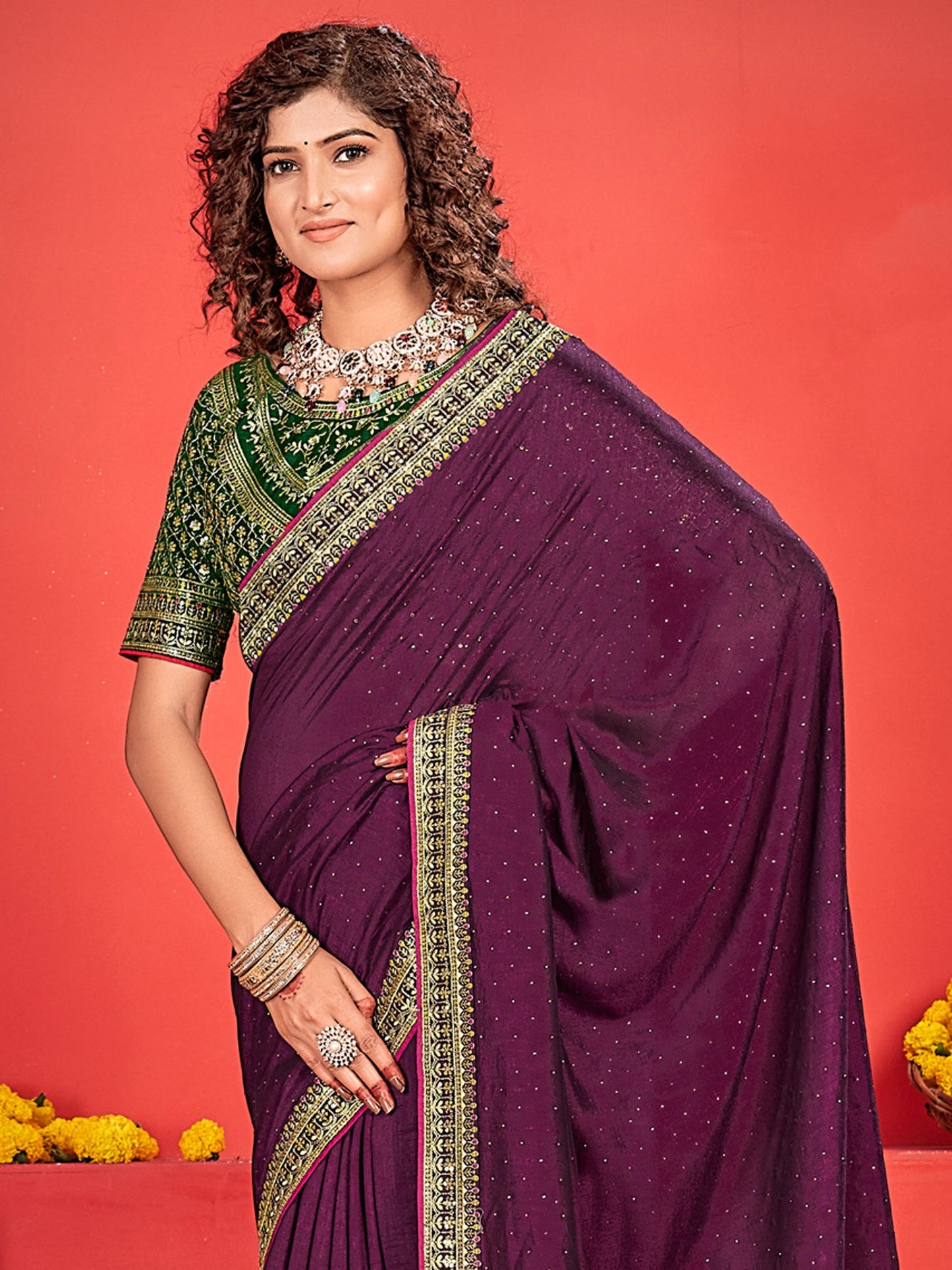 Purple Party Wear Vichitra Silk Embroidered Saree
