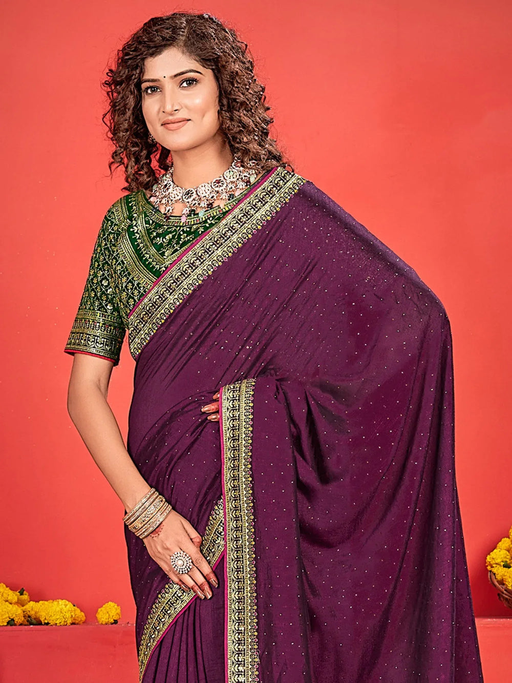 Purple Party Wear Vichitra Silk Embroidered Saree - The Dori Store