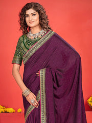 Purple Party Wear Vichitra Silk Embroidered Saree - The Dori Store