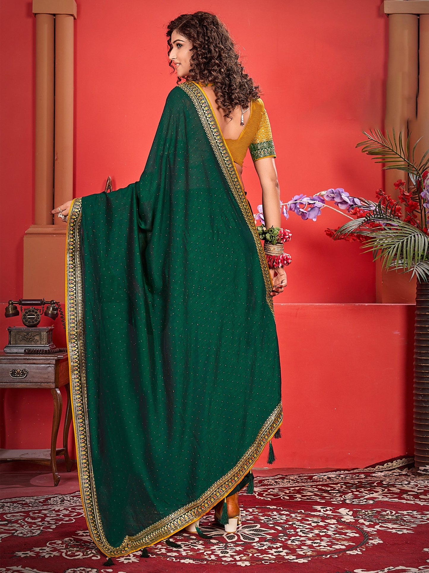 Green Party Wear Vichitra Silk Embroidered Saree