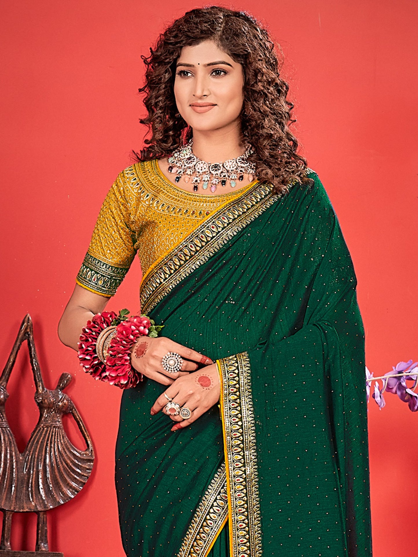 Green Party Wear Vichitra Silk Embroidered Saree