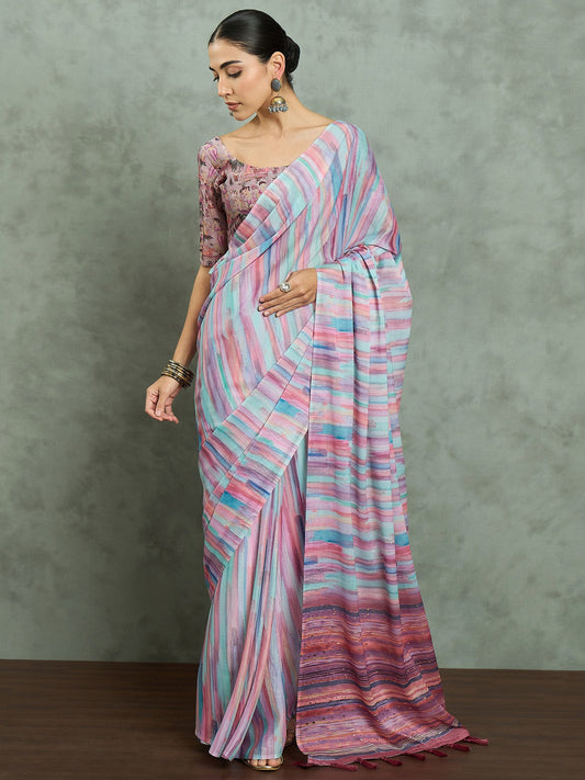 Pink Mauve Party Wear Georgette Digital Print Saree