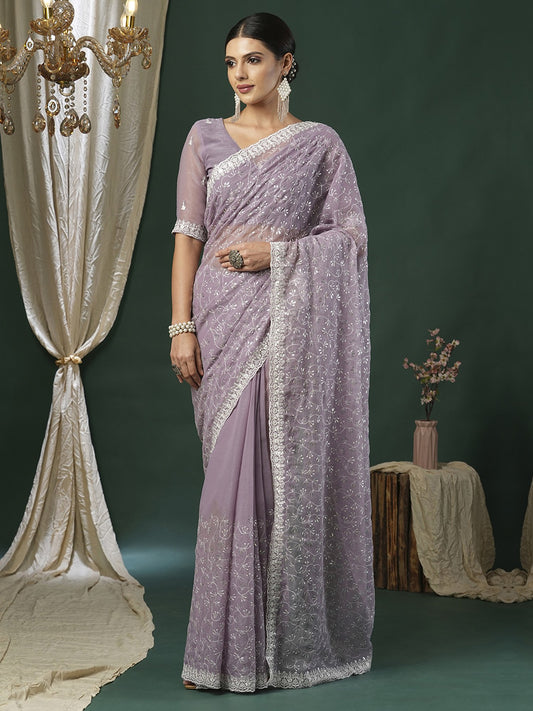 Lavender Lavendar Party Wear Georgette Embellished Saree