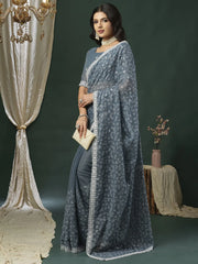 Grey Party Wear Georgette Embellished Saree - The Dori Store