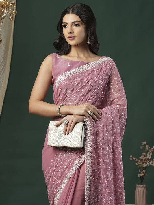 Pink Mauve Party Wear Georgette Embellished Saree