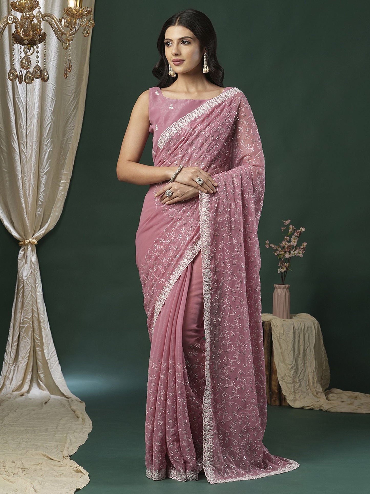 Mauve Party Wear Georgette Embellished Saree