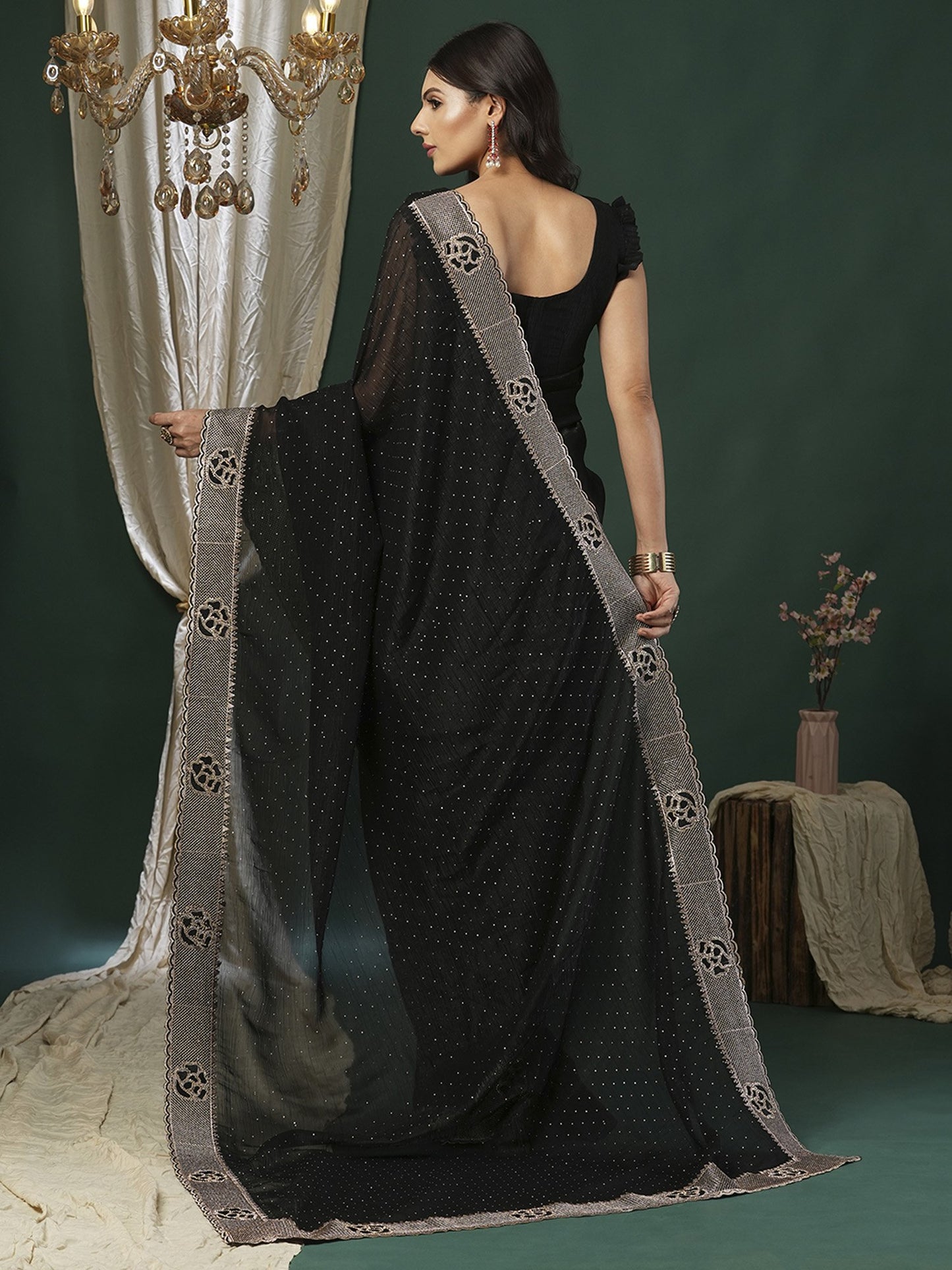 Black Party Wear Malai Silk Embellished Saree