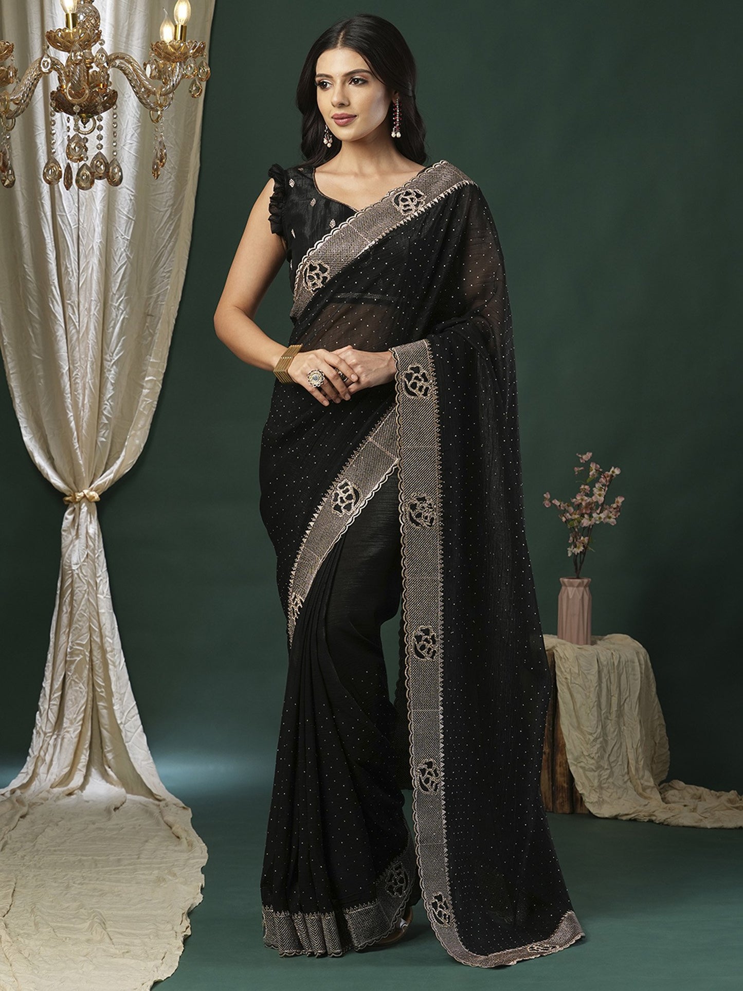 Black Party Wear Malai Silk Embellished Saree