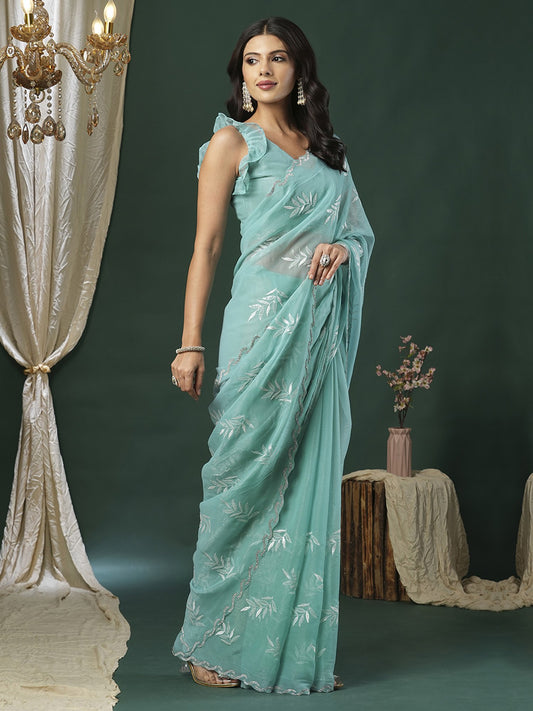 Blue Light Party Wear Organza Embellished Saree