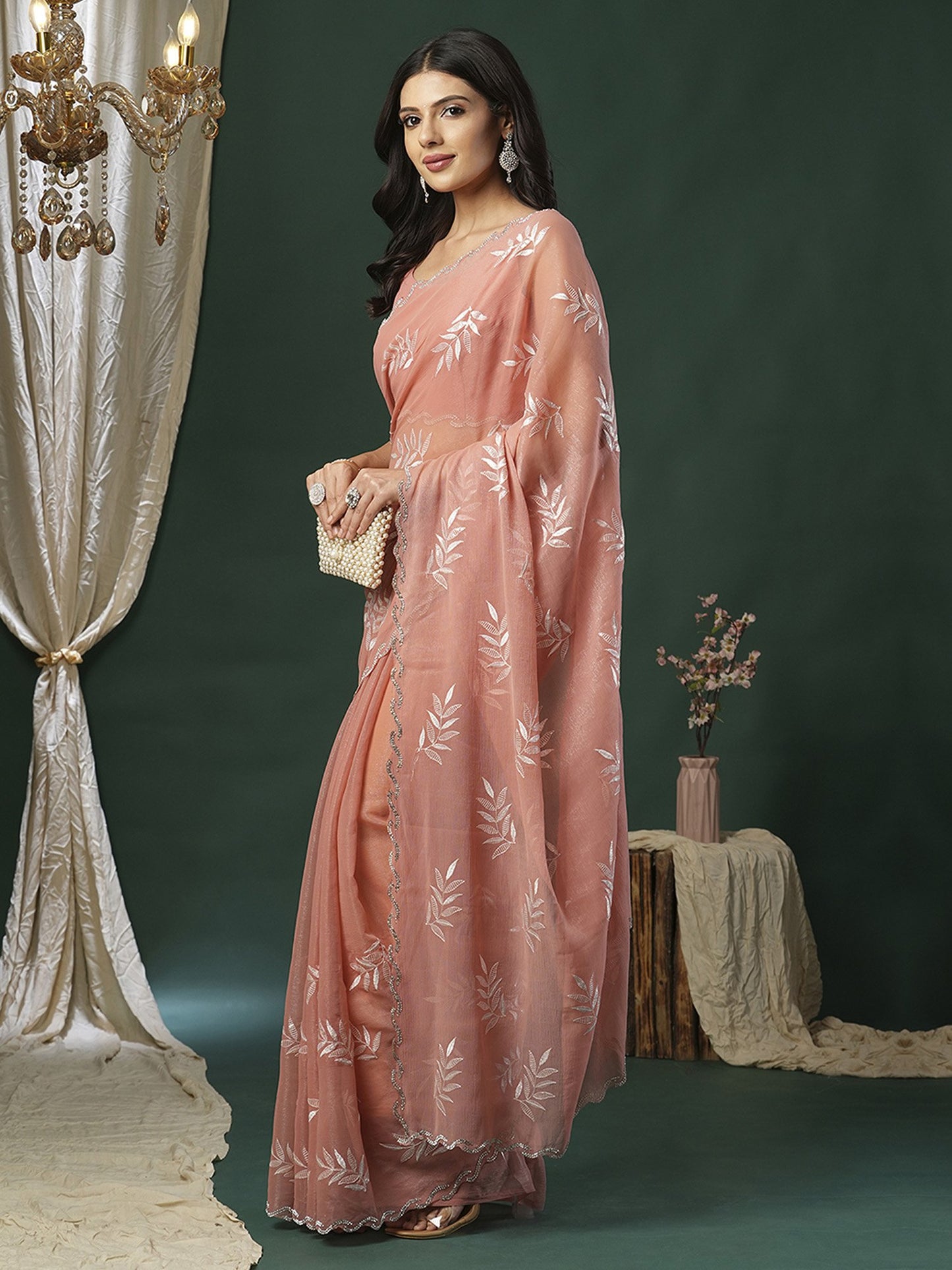 Peach Party Wear Organza Embellished Saree