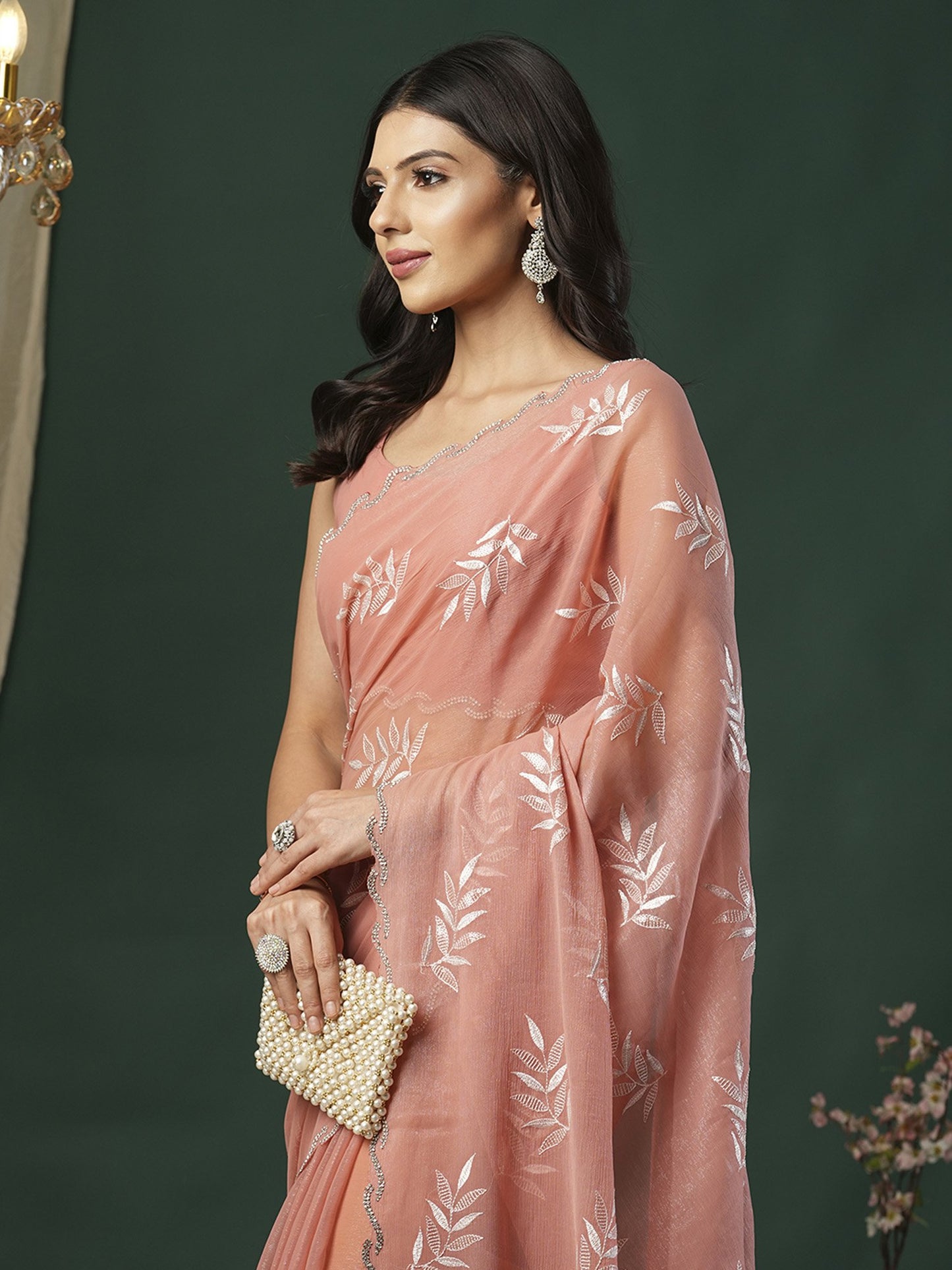 Peach Party Wear Organza Embellished Saree