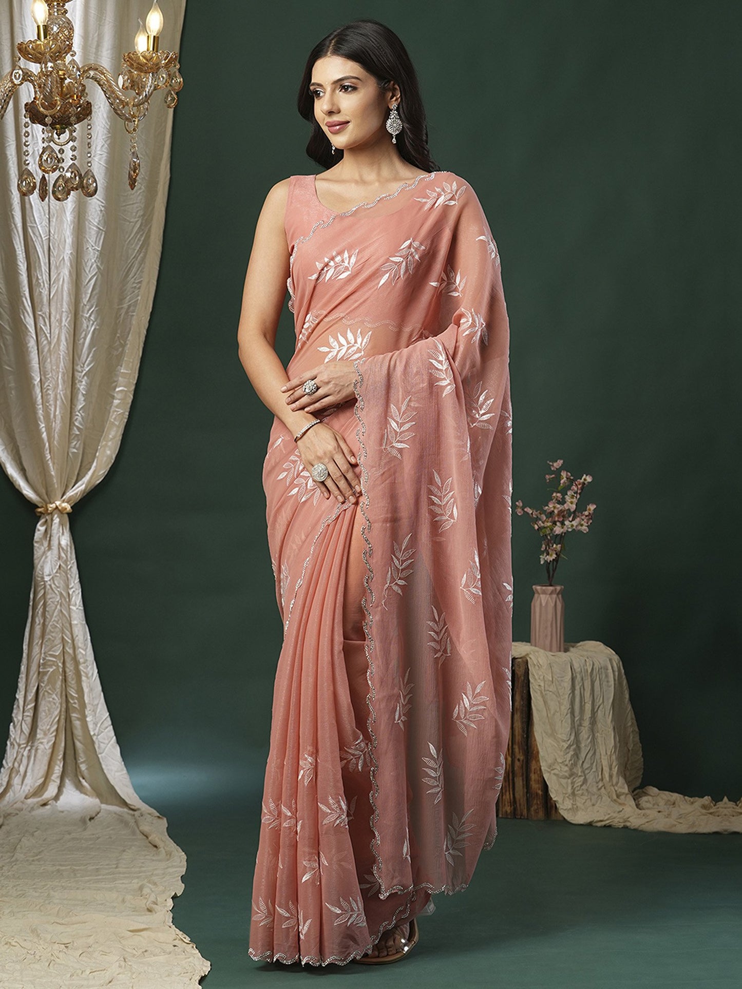 Pink Peach Party Wear Organza Embellished Saree