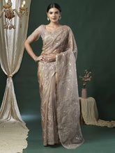 Beige Party Wear Paper Silk Embroidered Saree - The Dori Store
