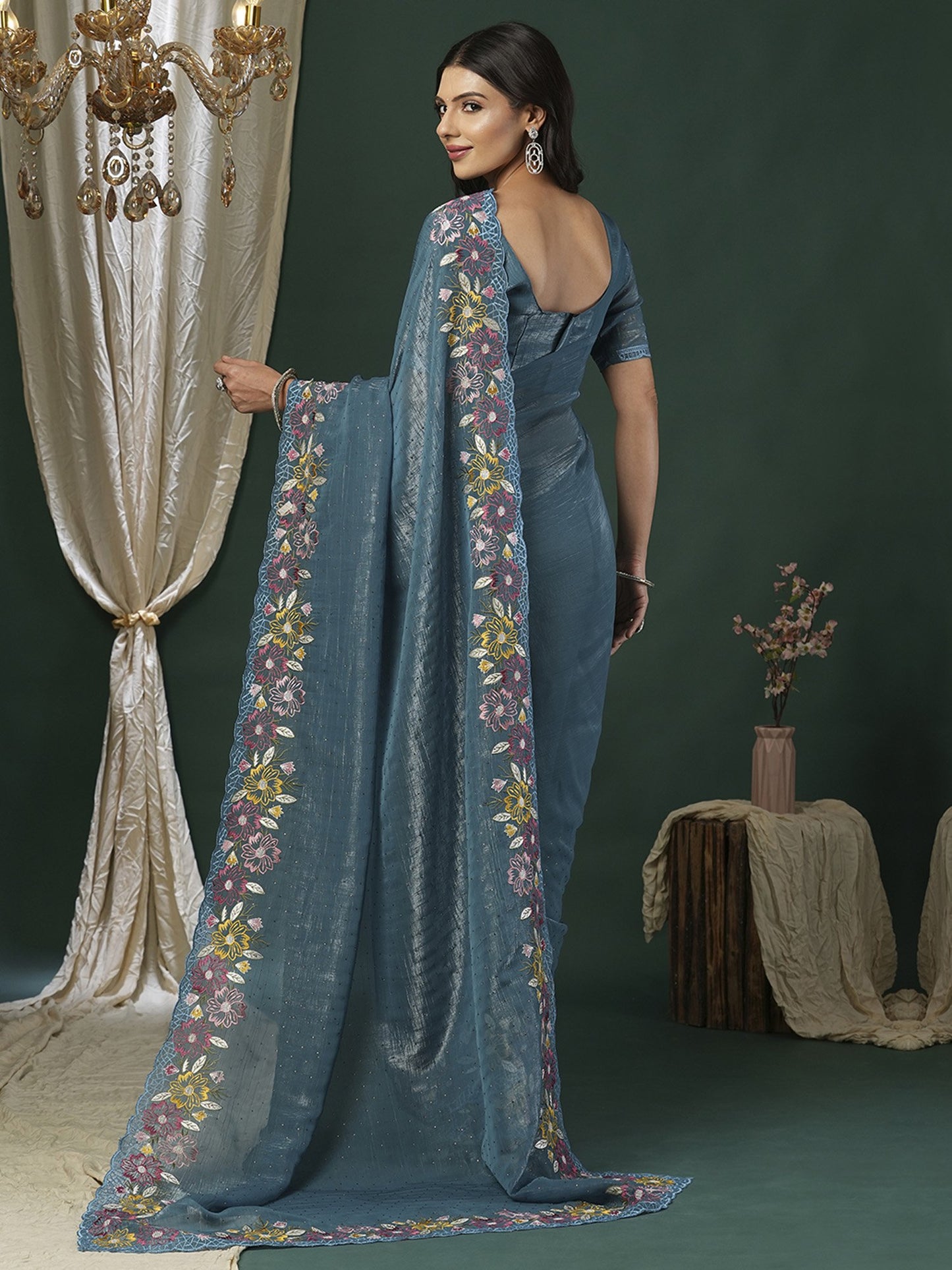Blue Party Wear Paper Silk Embroidered Saree