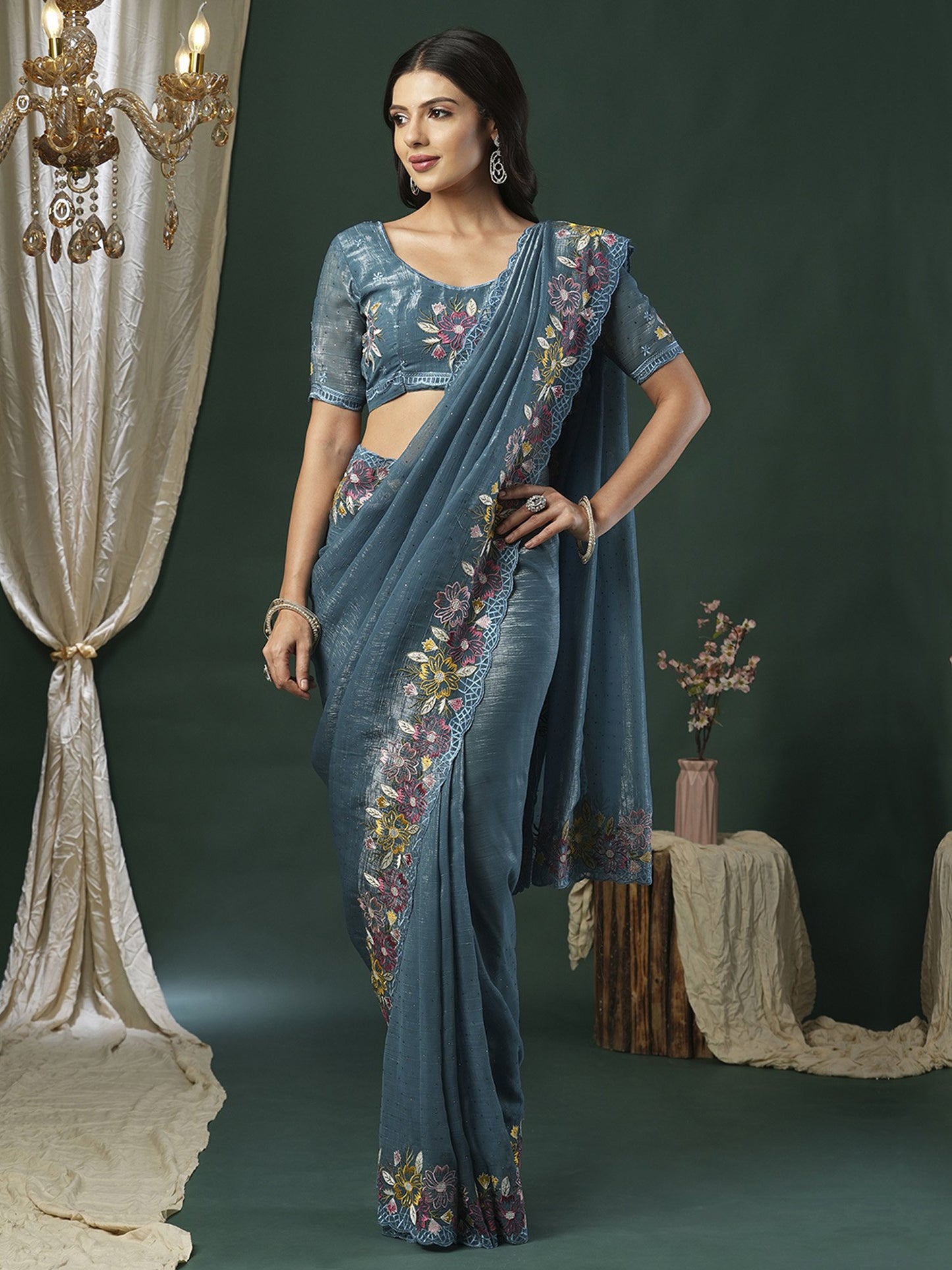Blue Party Wear Paper Silk Embroidered Saree