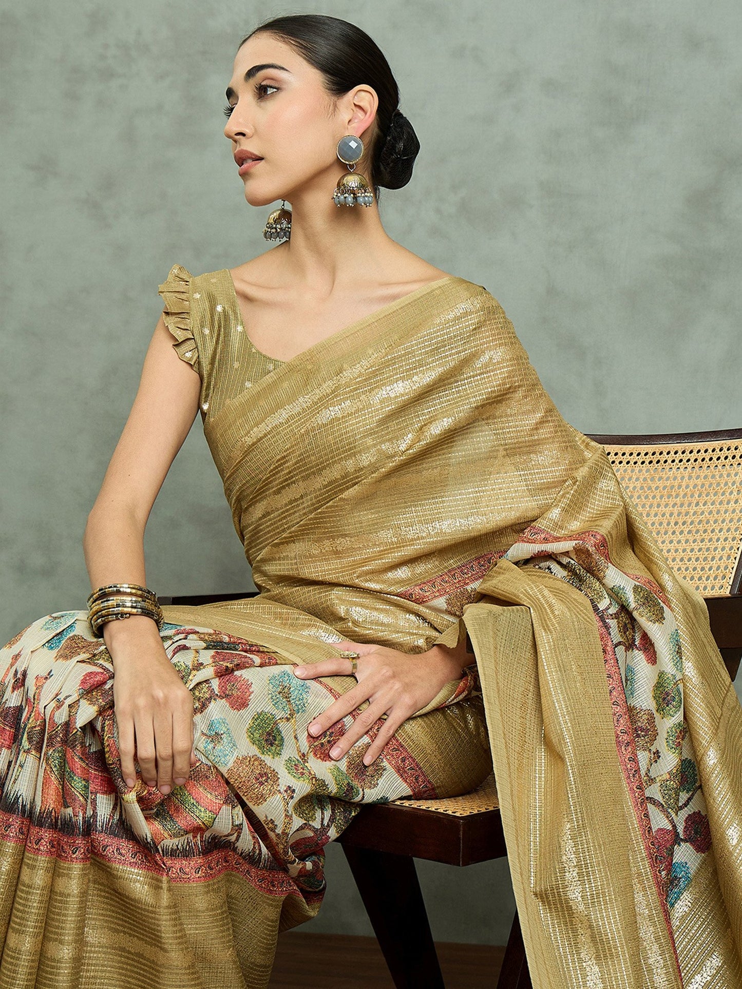 Gold Block Print Kota Doria Cotton Printed Saree