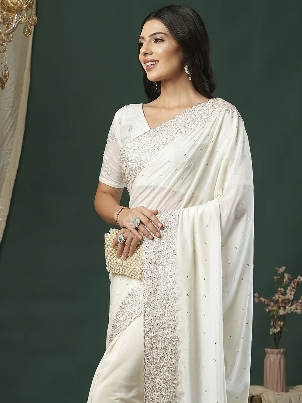 Off White Party Wear Satin Silk Embroidered Saree - The Dori Store