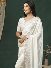 Off White Party Wear Satin Silk Embroidered Saree - The Dori Store