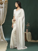 Off White Party Wear Satin Silk Embroidered Saree - The Dori Store