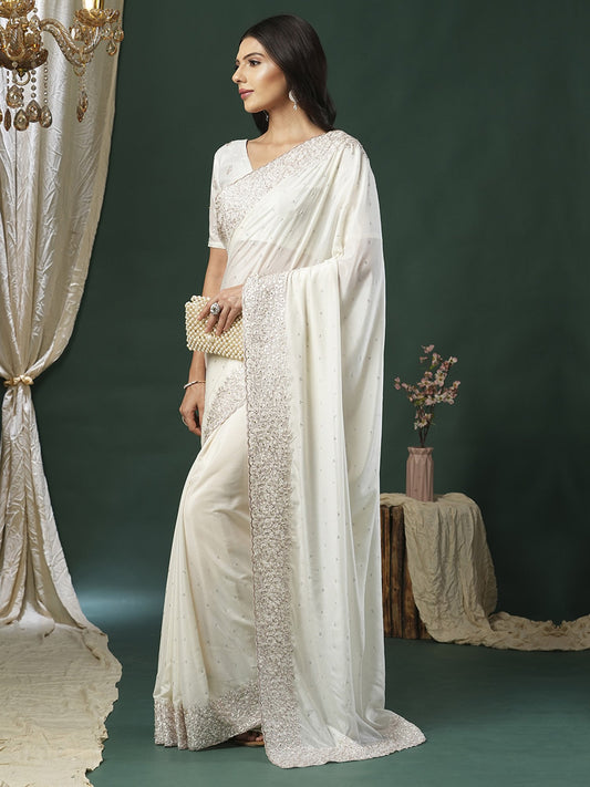 White Off Party Wear Satin Silk Embroidered Saree